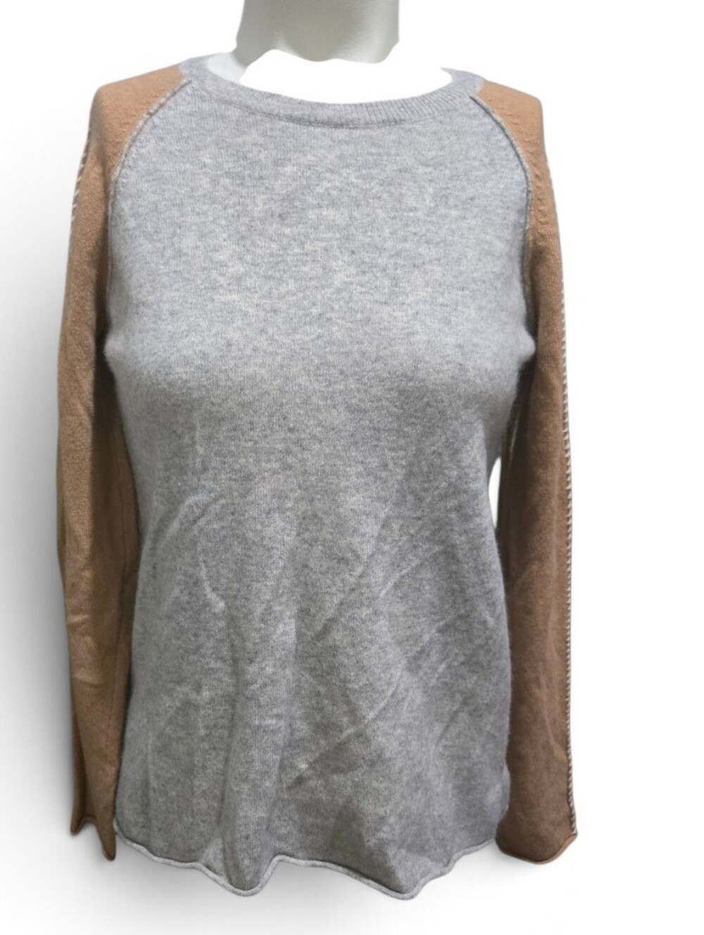 Alashan 100% Merino Wool Gray & Camel Colorblock Raglan Sleeve Sweater